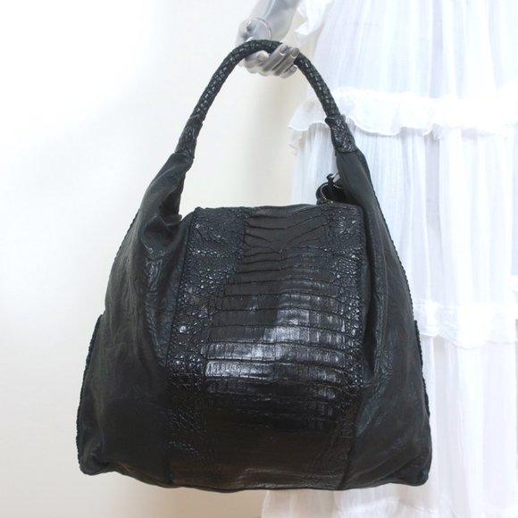 Parker Ochs Handbags - PARKER OCHS POD CROCODILE HOBO BLACK EXTRA LARGE SHOULDER BAG